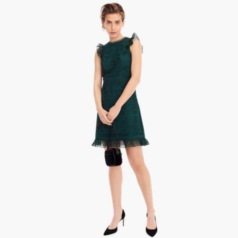 NWT J. CREW Emerald Cap Sleeve Ruffle Lace Dress